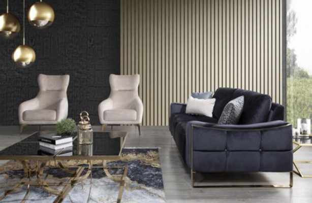 Klassieke bank 3-zits design woonkamer stoffering houten stoffering moderne luxe blauw