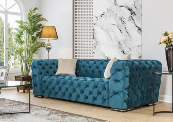 Chesterfield bank 4-zit ontwerp woonkamer stof hout gestoffeerd luxe blauw