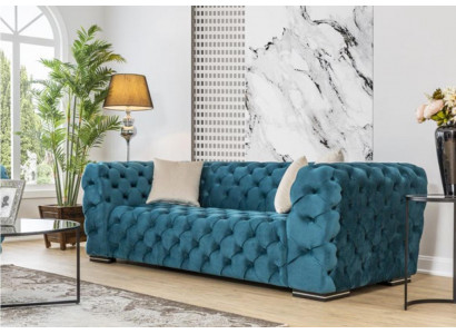 Chesterfield bank 4-zit ontwerp woonkamer stof hout gestoffeerd luxe blauw