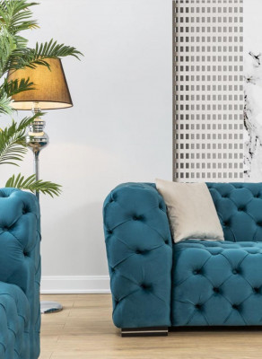 Chesterfield bank 4-zit ontwerp woonkamer stof hout gestoffeerd luxe blauw