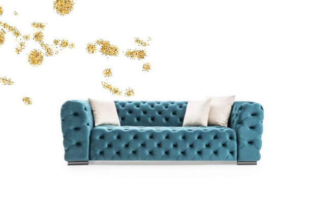 Chesterfield bank 4-zit ontwerp woonkamer stof hout gestoffeerd luxe blauw