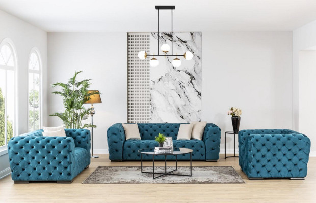 Chesterfield bank 4-zit ontwerp woonkamer stof hout gestoffeerd luxe blauw