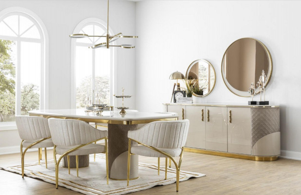 Eetkamerset 10-delig. Garnituur Luxe Tafel 6x Stoel Dressoir Spiegel Meubels Hout