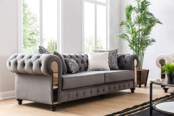 Luxe woonkamerbank 3-zits grijze Chesterfield klassieke bank