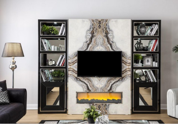 Luxe woonkamer wandmeubel tv-kast wanden marmerimitatie zwart 270cm