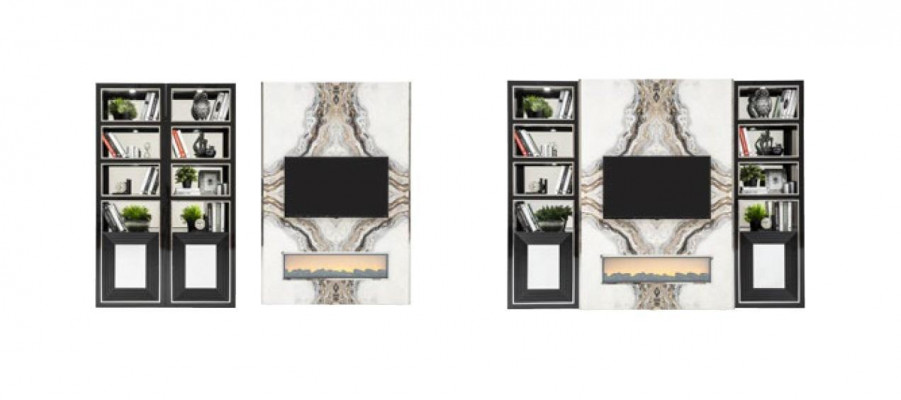 Luxe woonkamer wandmeubel tv-kast wanden marmerimitatie zwart 270cm