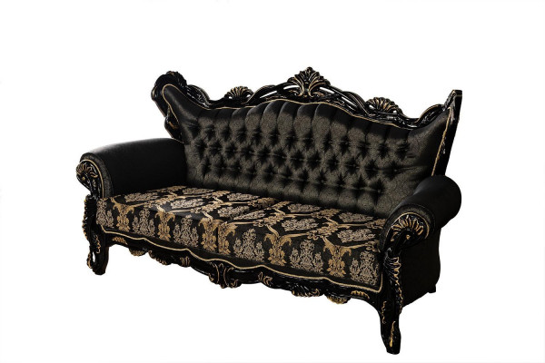 2-delige bankstel voor de woonkamer 3+1 zits zwart bankstel en fauteuil met gouden patroon.