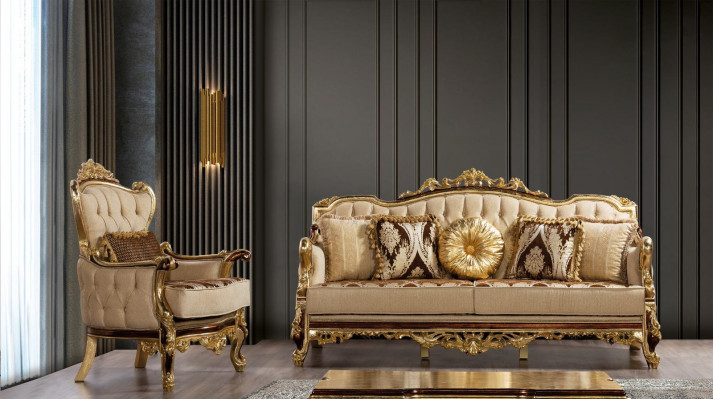 Chesterfield bank Barok driezits meubel bank banken stof goud.
