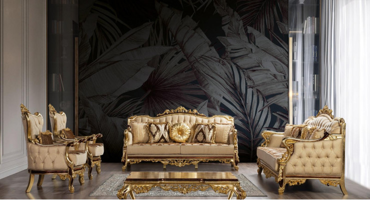 Chesterfield bank Barok driezits meubel bank banken stof goud.