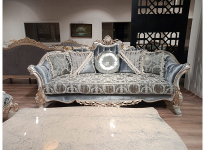 Dries-zitsbank 3 Blauw Gebeeldhouwde Zilverkleurige Chesterfield Bankstellen