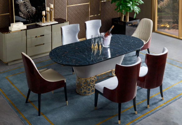 Luxe designer roestvrijstalen metalen eettafel tafels woonkamer marmer design.