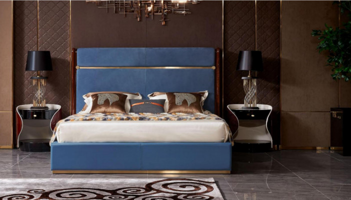 Klassiek bedframe Lederen bed Blauwe luxe bedden Slaapkamermeubilair