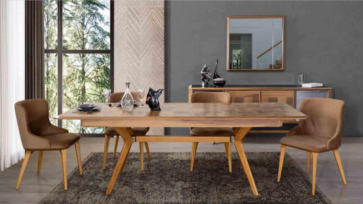 Designer Houten Eethoek Set Tafel 4x Armstoelen Set Stoffering 5-delig.