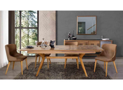 Designer Houten Eethoek Set Tafel 4x Armstoelen Set Stoffering 5-delig.