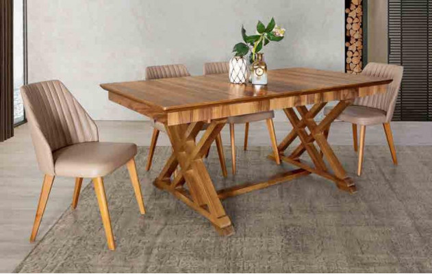 Set van 6 luxe eetkamerstoelen en eettafel, 7-delige complete eetkamerset.