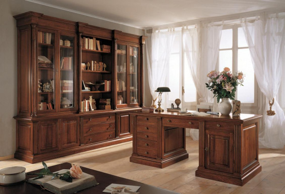 Kantoorinrichting Massief houten bureau Boekenkast Tafel Plank Kast 2-delig