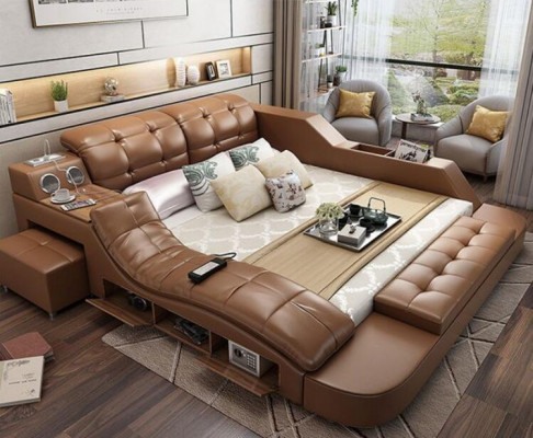Tweepersoons luxe leren bed + USB-beklede bedden Moderne hotel multifunctionele massage