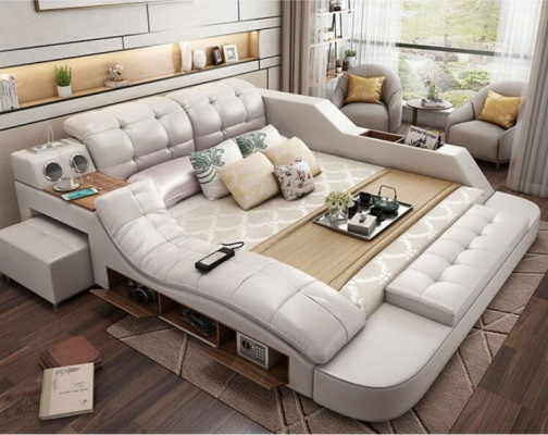 Tweepersoons luxe leren bed + USB-beklede bedden Moderne hotel multifunctionele massage