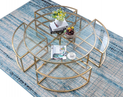 Rond designer-glazen bankstel, roestvrijstalen banktafel, rond ontwerp voor thuis.