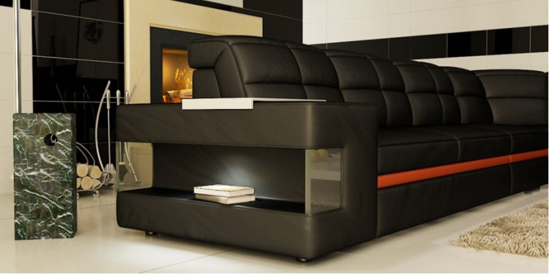 Leren bank Ontwerpersbank Hoekbank Bank Bekleed bank Hoekbank met verlichting.  Leren bank Ontwerpersbank Hoekbank Bank Bekleed bank Hoekbank met verlichting.