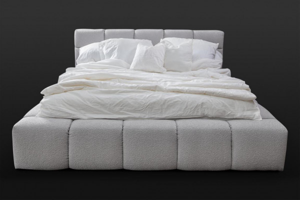 Bed grijs, tweepersoons slaapkamer, luxueus design, elegant gestoffeerd materiaal, nieuw.
