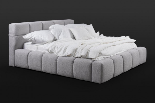 Bed grijs, tweepersoons slaapkamer, luxueus design, elegant gestoffeerd materiaal, nieuw.