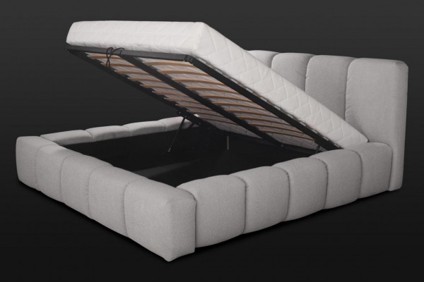 Bed grijs, tweepersoons slaapkamer, luxueus design, elegant gestoffeerd materiaal, nieuw.