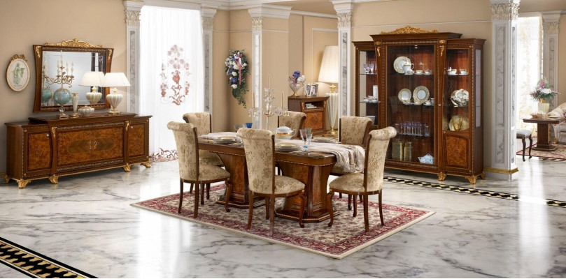 Meubelset eetkamer vitrine tafel 6x stoel dressoir spiegel barok nieuw 10-delig.
