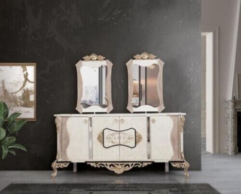 Luxe eetkamerset, 9-delig. Eettafel + 6 stoelen + dressoir met spiegel, nieuw, in het wit.
