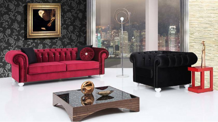 2-delige bankstel 3+1 zits bank leren bank Chesterfield textiel fluweel
