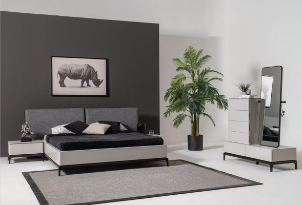 Modern zwart-wit slaapkamer set (bed, twee nachtkastjes, ladekast met spiegel)