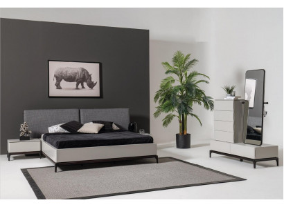 Modern zwart-wit slaapkamer set (bed, twee nachtkastjes, ladekast met spiegel)