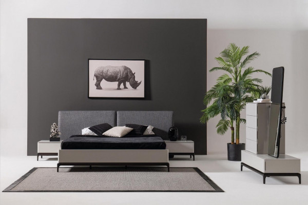 Modern zwart-wit slaapkamer set (bed, twee nachtkastjes, ladekast met spiegel)