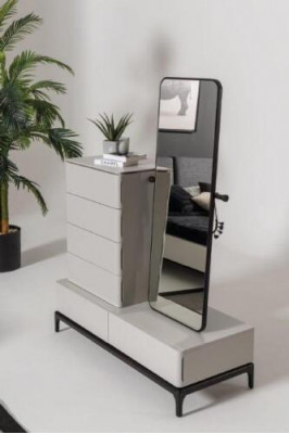 Modern zwart-wit slaapkamer set (bed, twee nachtkastjes, ladekast met spiegel)