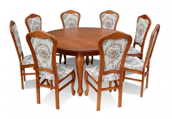 Klassieke ronde houten eetkamertafel + 8 stoelen