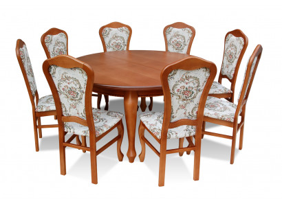 Klassieke ronde houten eetkamertafel + 8 stoelen