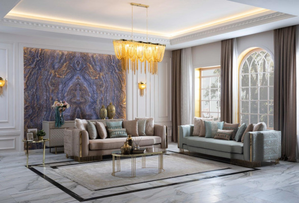 Stijlvolle bankstel 2x banken klassieke design meubels met armleuningen 4+3