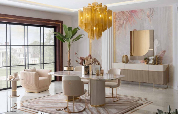 Luxe ontwerp eetkamerset eettafel 4 stoelen dressoir spiegel meubels