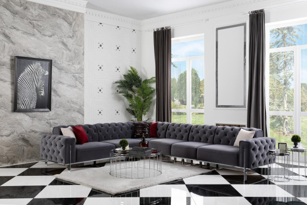 Moderne hoekbank L-vorm woonkamer, grijze kleur houten textiel bankstellen.