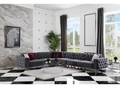 Moderne hoekbank L-vorm woonkamer, grijze kleur houten textiel bankstellen.