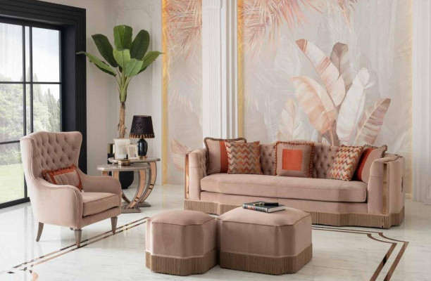 Luxe woonkamer Chic bank 4-zitter fauteuil met 2x voetenbank Stijlvol meubilair