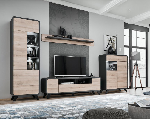 Woonkamerset wandplank tv-standaard houten meubels 2x vitrine woonwand nieuw  Woonkamer set wandplank tv-standaard houten meubels 2x vitrine woonwand nieuw