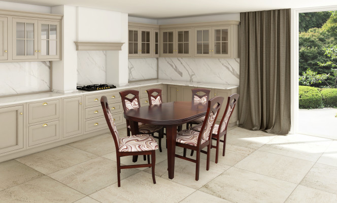 Klassieke eetkamerset, houten tafel met 6 stoelen, stoelontwerp