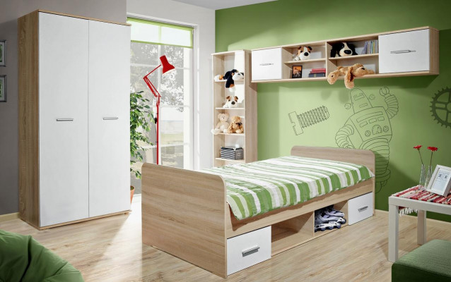 Kinderkamer compleet bed kledingkast boekenplank wandplank set 5-delig