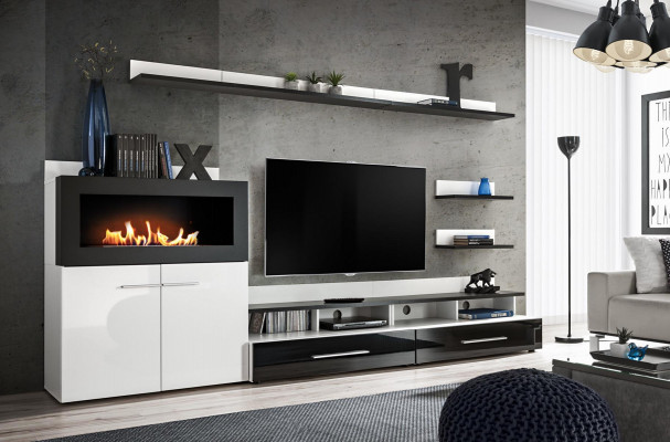 Wandmeubel TV-standaard met ingebouwde open haard, designermeubels, modern.