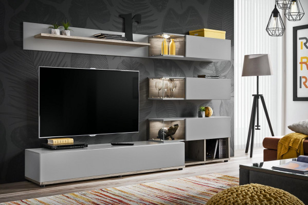 Grijze woonkamer wandmeubel hout rtv tv-standaard modern design inrichting.
