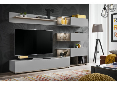 Grijze woonkamer wandmeubel hout rtv tv-standaard modern design inrichting.