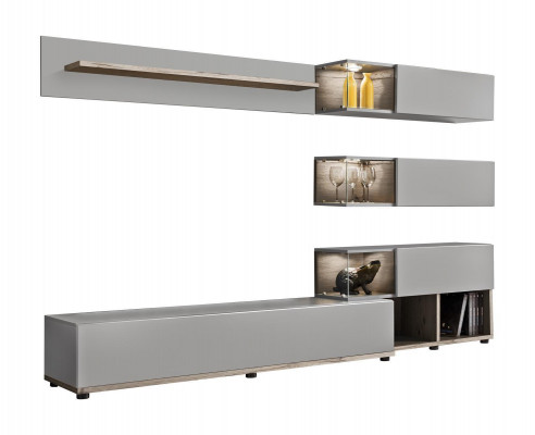 Grijze woonkamer wandmeubel hout rtv tv-standaard modern design inrichting.