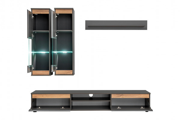 Luxe woonkamer tv-standaard van hout, grijs meubilair, wandkast.