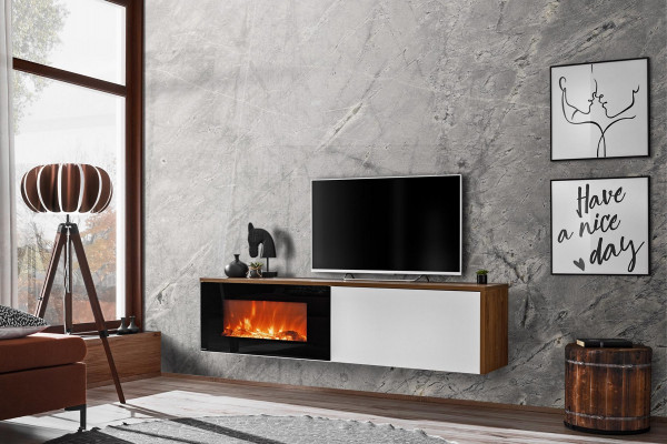 Moderne tv-standaard met open haard, luxueuze woonkamer nieuw design meubels van hout.
